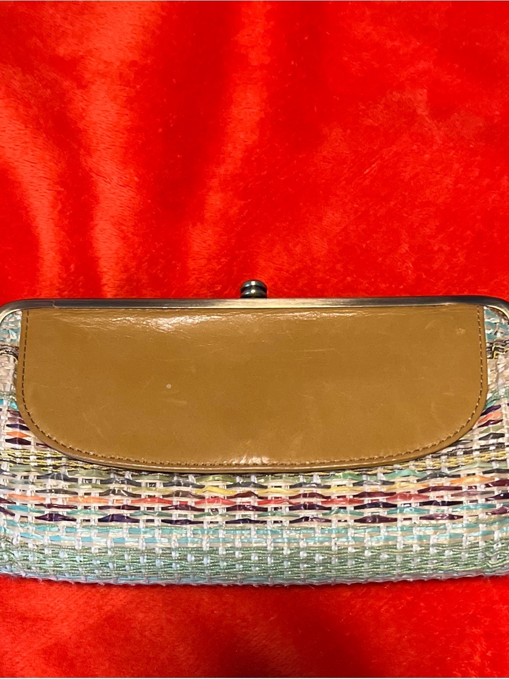 HOBO Multicolor Woven Clutch with Tan Leather Flap